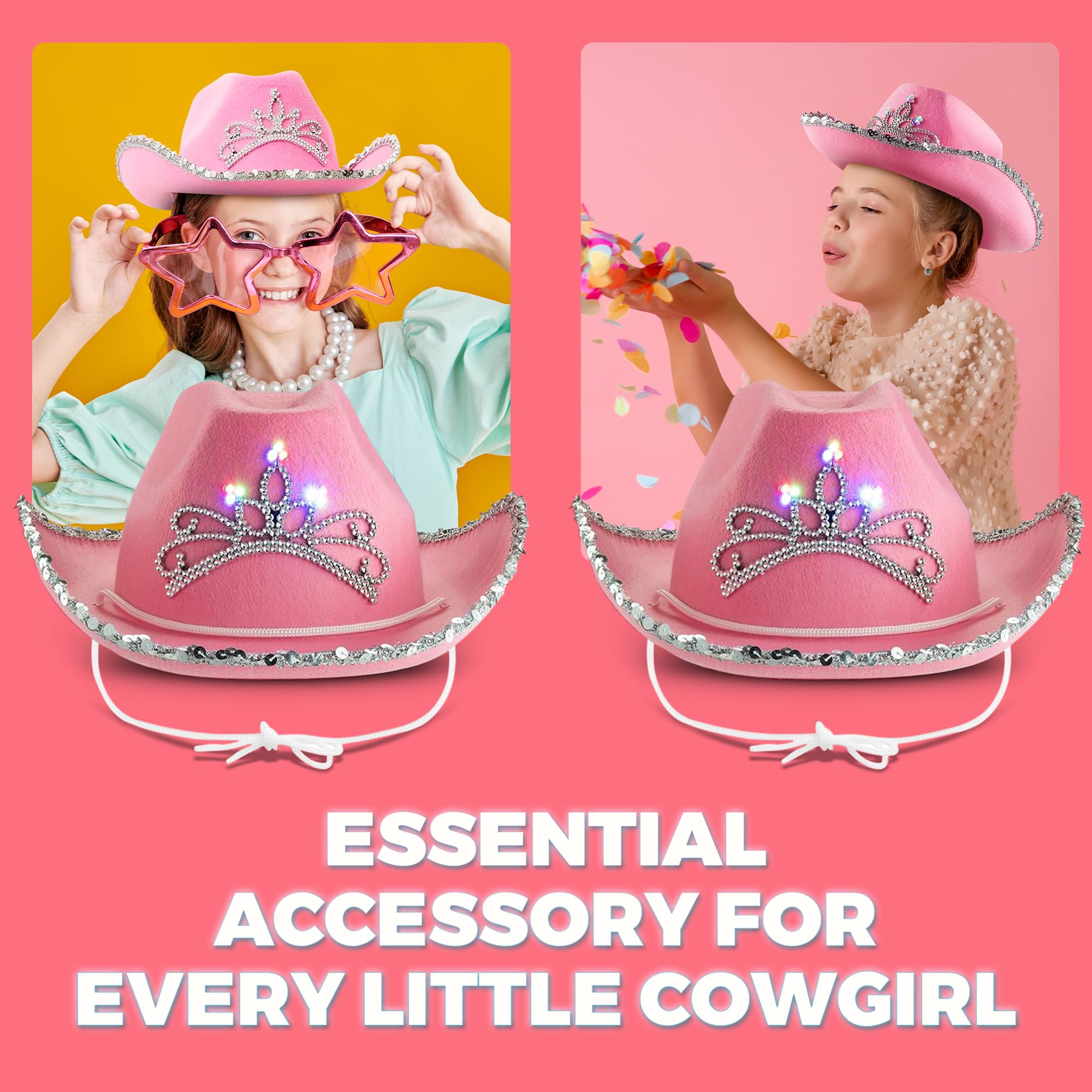 Light Up Pink Cowgirl Hat for Girls - (Pack of 2) Kids Cowboy Hat with Blinking Tiara Sequin Trim Fringe and Drawstring, Felt Girls Pink Cowboy Hat Costume Party Accessory, Dress-Up, 6x7-Inch